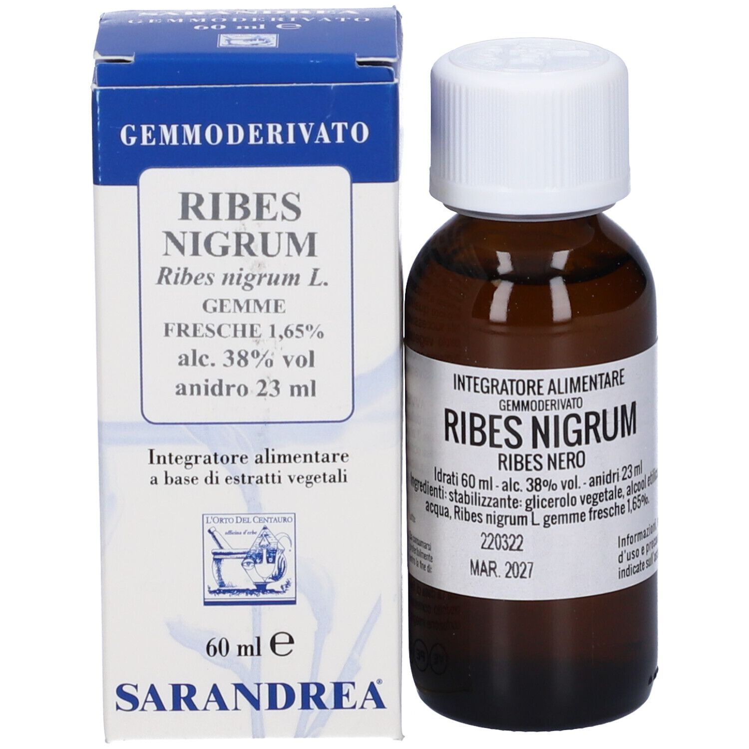 Flacone di vetro marrone con tappo bianco e scatola. Scritta: Ribes Nigrum, Sarandrea.