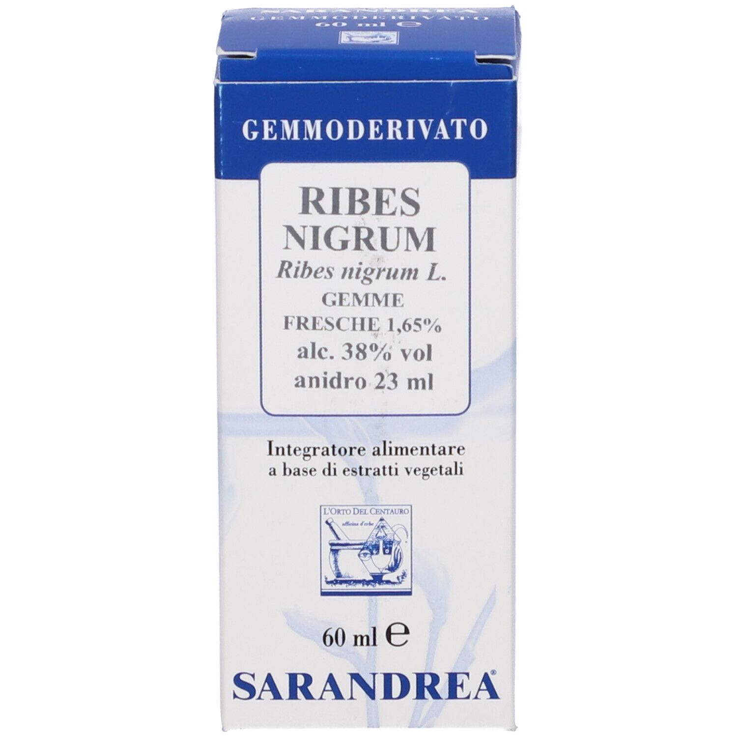 Scatola con scritta: Ribes Nigrum, Sarandrea.
