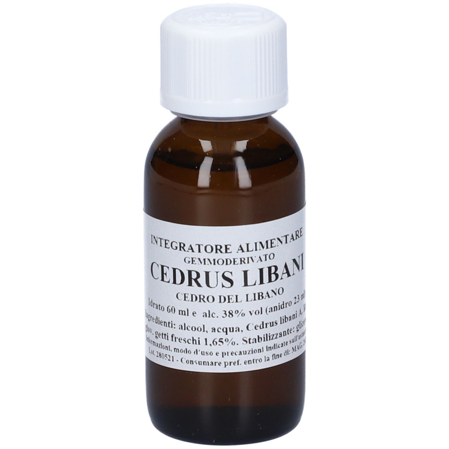 Flacone di vetro marrone con tappo bianco ed etichetta. Scritta: Cedrus Libani, Cedro del Libano. Contiene 60 ml.