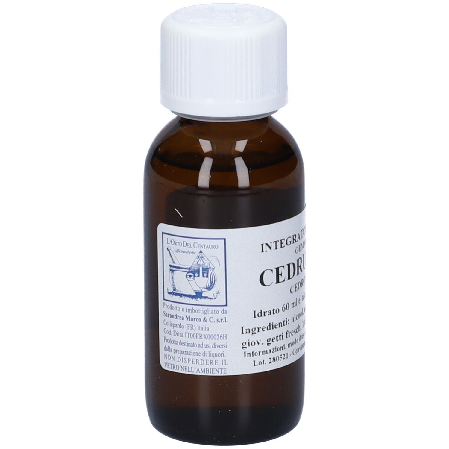 Flacone di vetro marrone con tappo bianco ed etichetta. Scritta: Cedrus Libani, Cedro del Libano. Contiene 60 ml.
