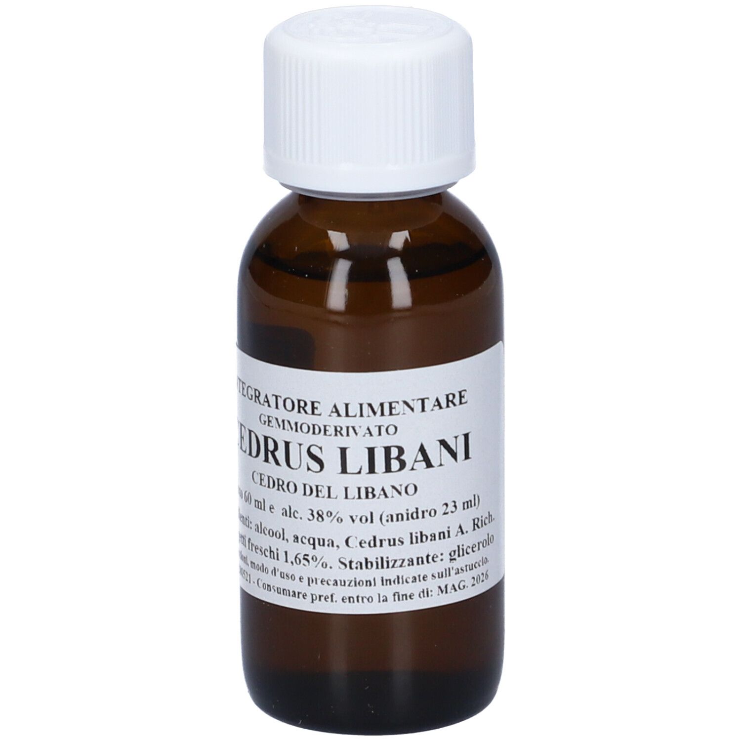 Flacone di vetro marrone con tappo bianco ed etichetta. Scritta: Cedrus Libani, Cedro del Libano. Contiene 60 ml.