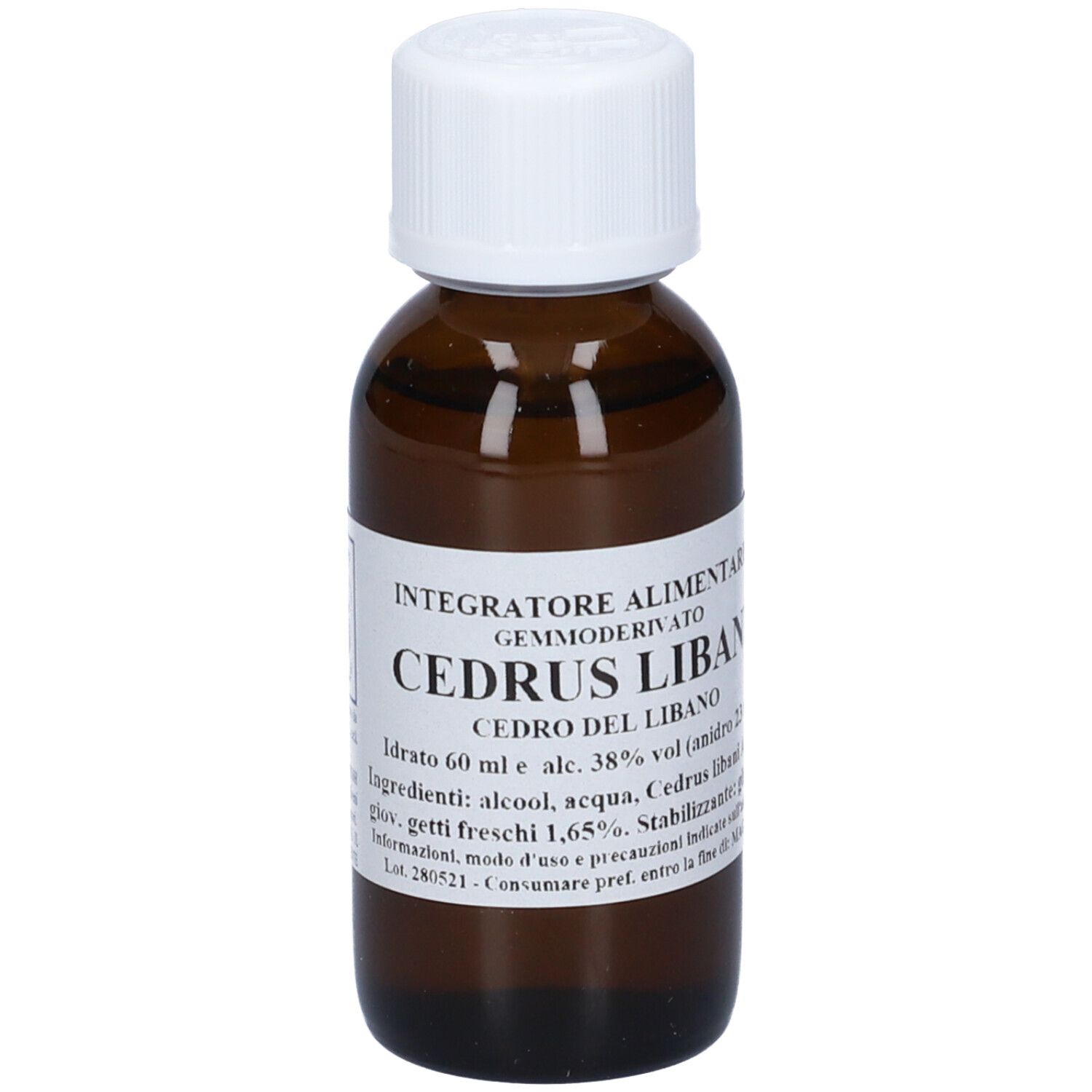 Flacone di vetro marrone con tappo bianco ed etichetta. Scritta: Cedrus Libani, Cedro del Libano. Contiene 60 ml.