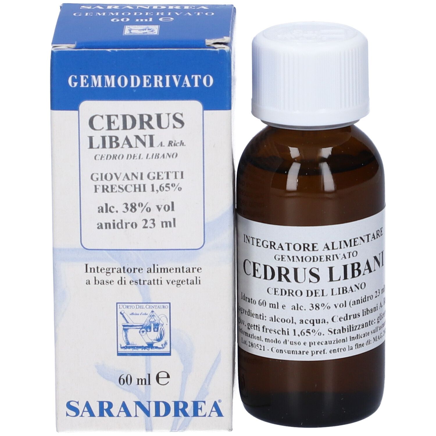 Flacone di vetro marrone con tappo bianco ed etichetta, accanto a una scatola blu. Scritta: Cedrus Libani, 60 ml.