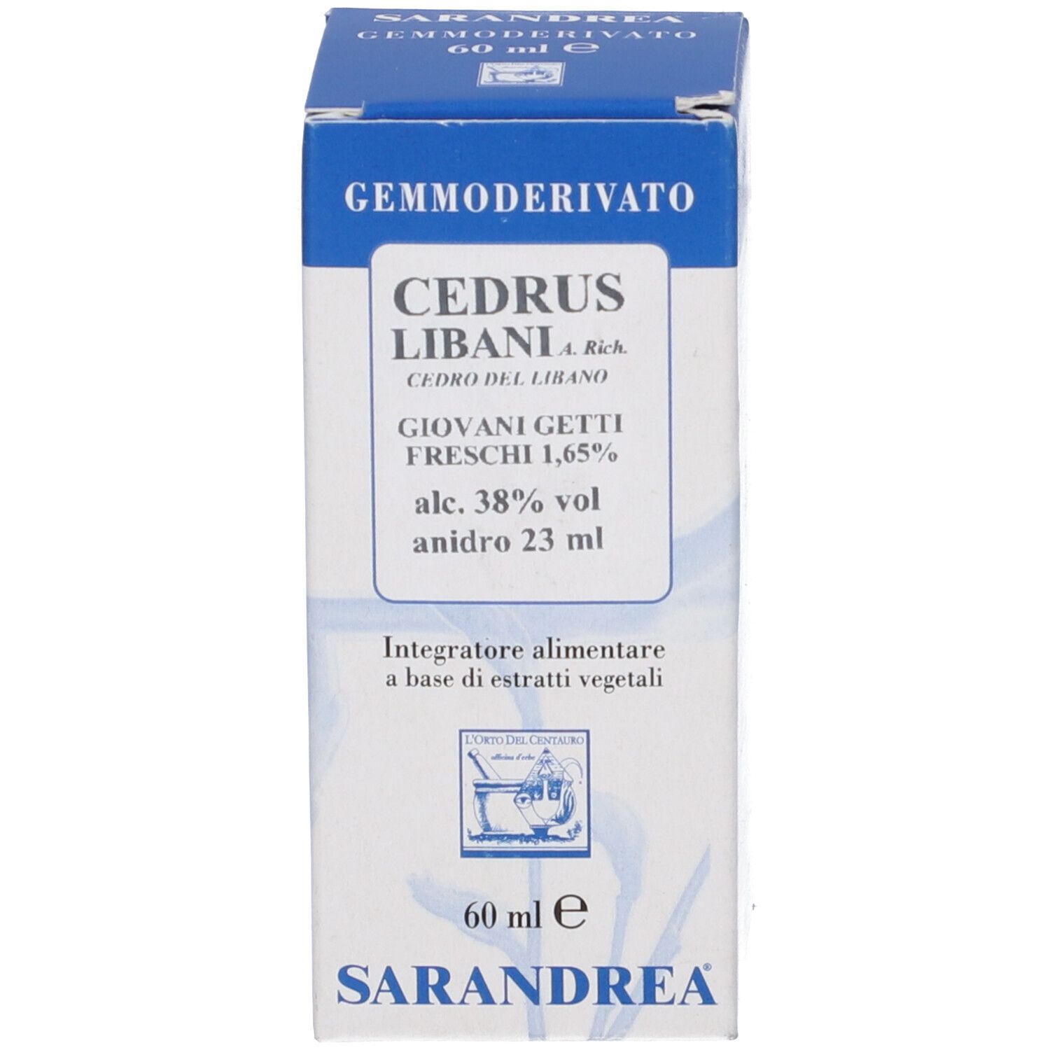 Scatola blu con informazioni sul prodotto. Scritta: Cedrus Libani, 60 ml. Contiene un estratto vegetale.