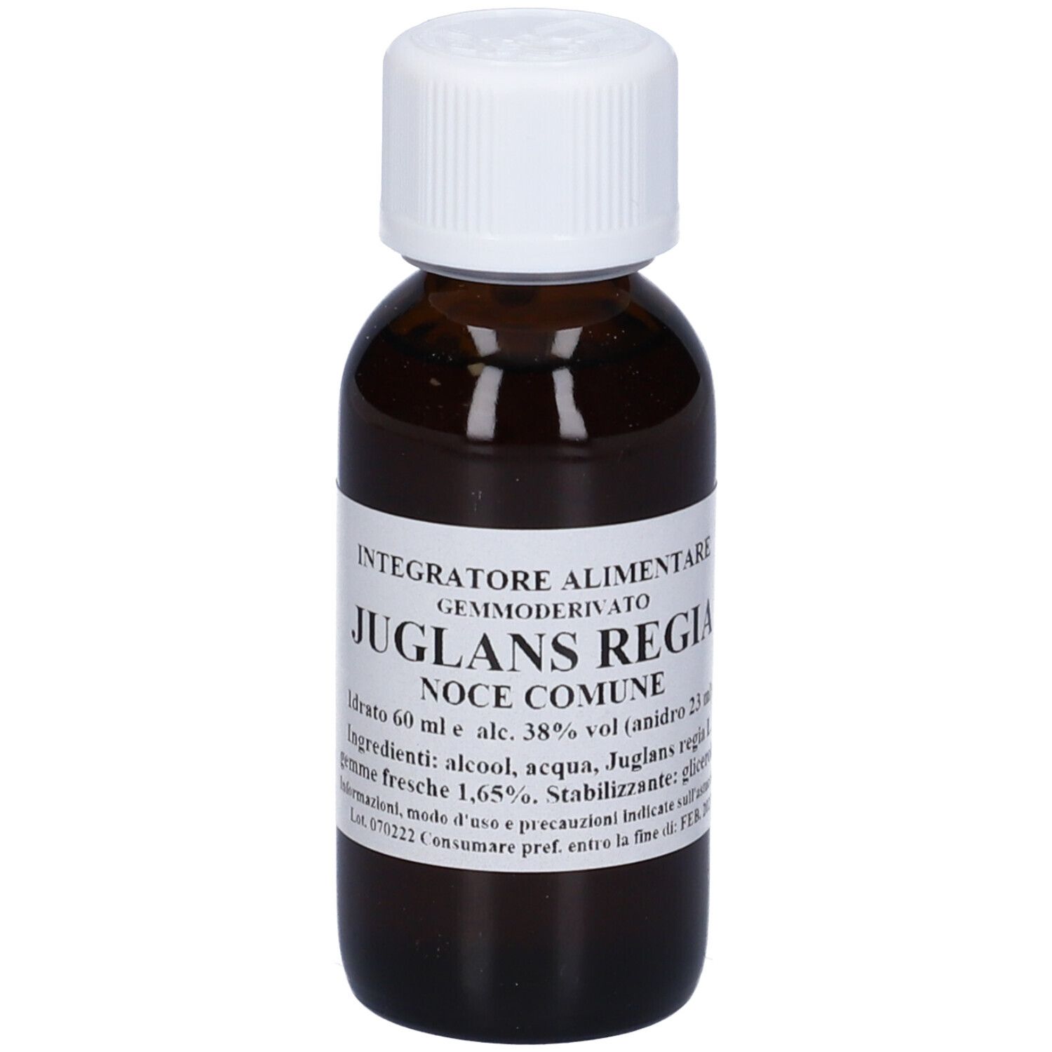 Flacone di vetro marrone con tappo bianco. Etichetta con informazioni sul prodotto: Juglans Regia, Noce Comune, 60 ml.
