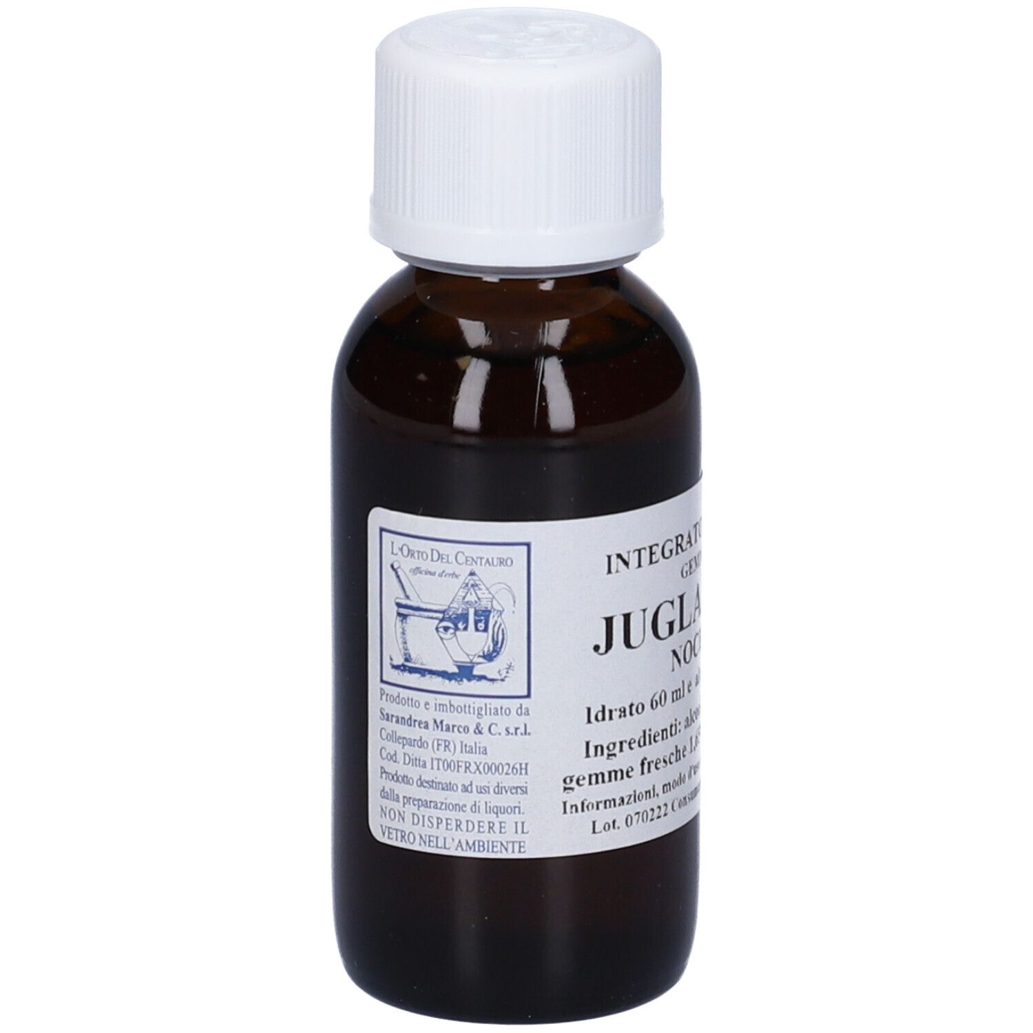 Flacone di vetro marrone con tappo bianco. Etichetta con informazioni sul prodotto: Juglans Regia, Noce Comune, 60 ml.