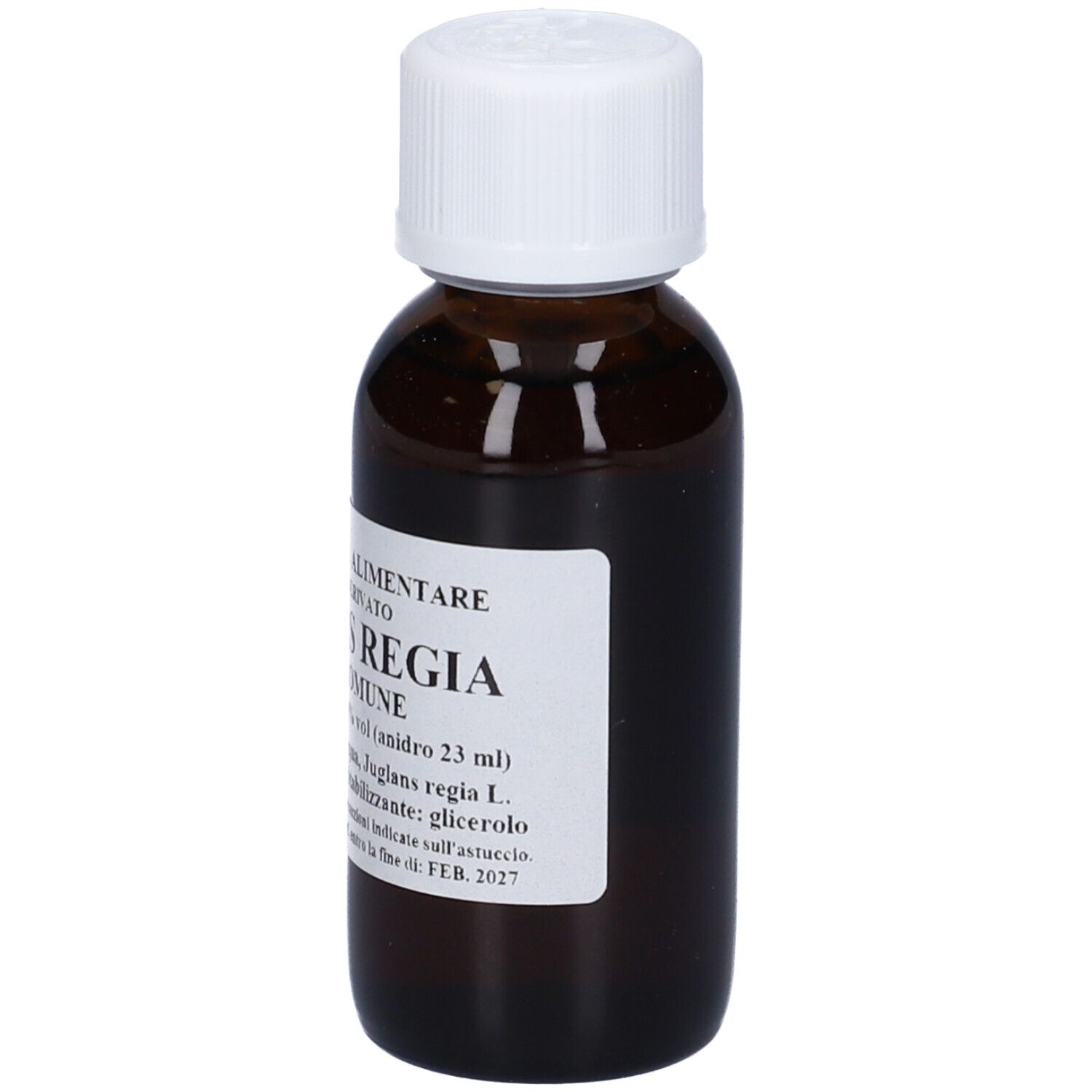 Flacone di vetro marrone con tappo bianco. Etichetta con informazioni sul prodotto: Juglans Regia, Noce Comune, 60 ml.