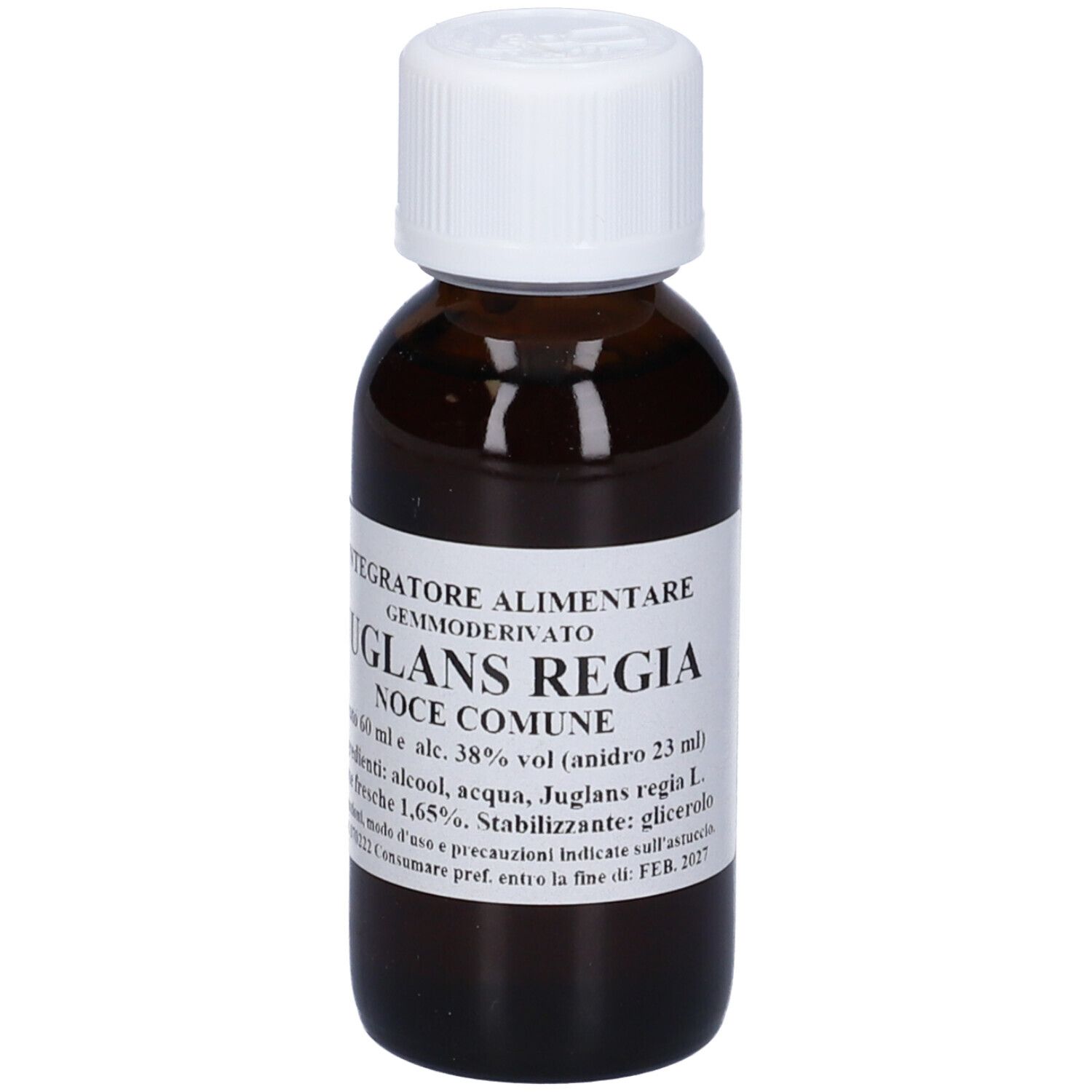Flacone di vetro marrone con tappo bianco. Etichetta con informazioni sul prodotto: Juglans Regia, Noce Comune, 60 ml.