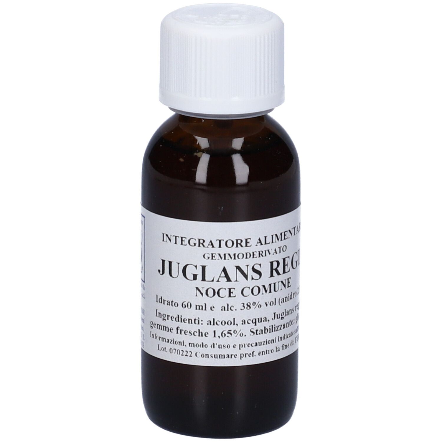 Flacone di vetro marrone con tappo bianco. Etichetta con informazioni sul prodotto: Juglans Regia, Noce Comune, 60 ml.