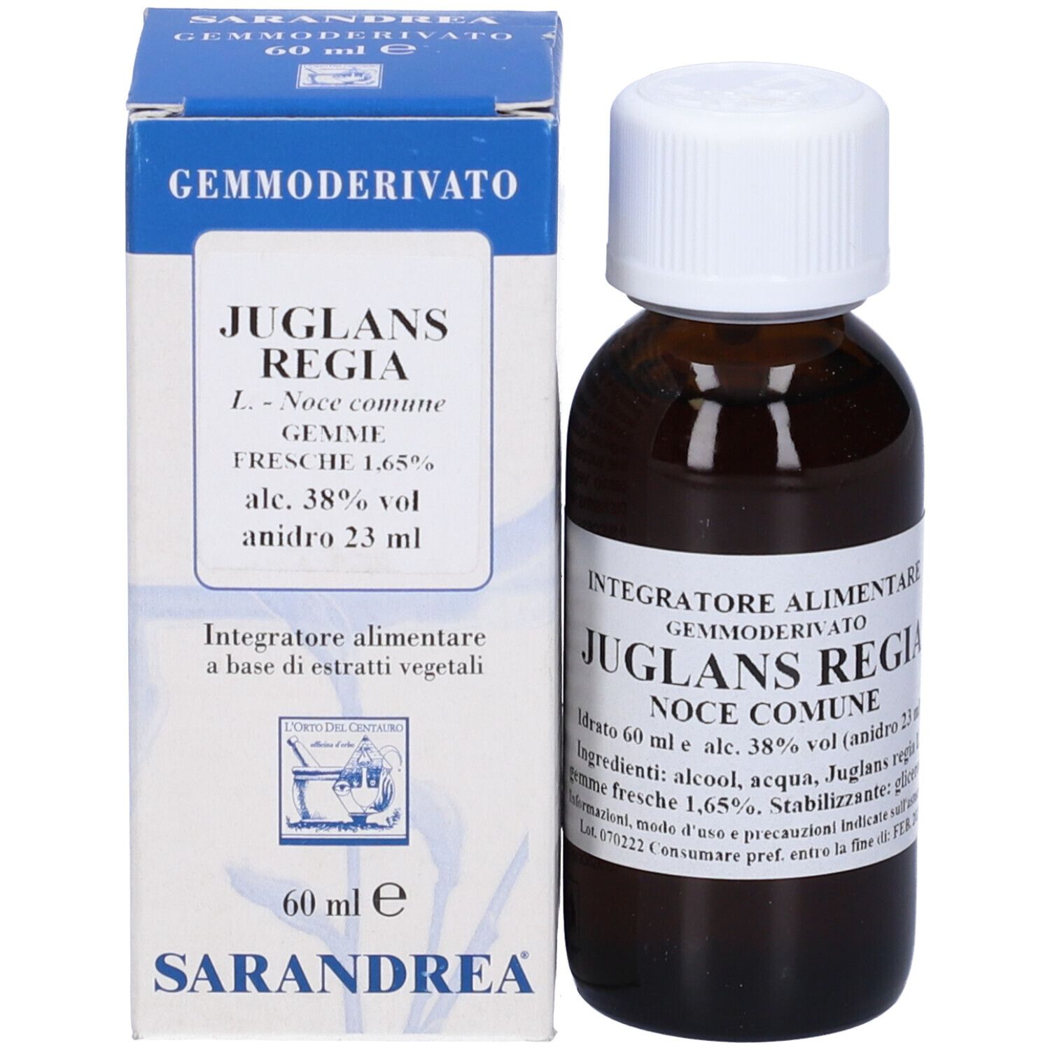 Flacone di vetro marrone con tappo bianco e scatola blu. Sulla scatola: Juglans Regia, 60 ml, Sarandrea.