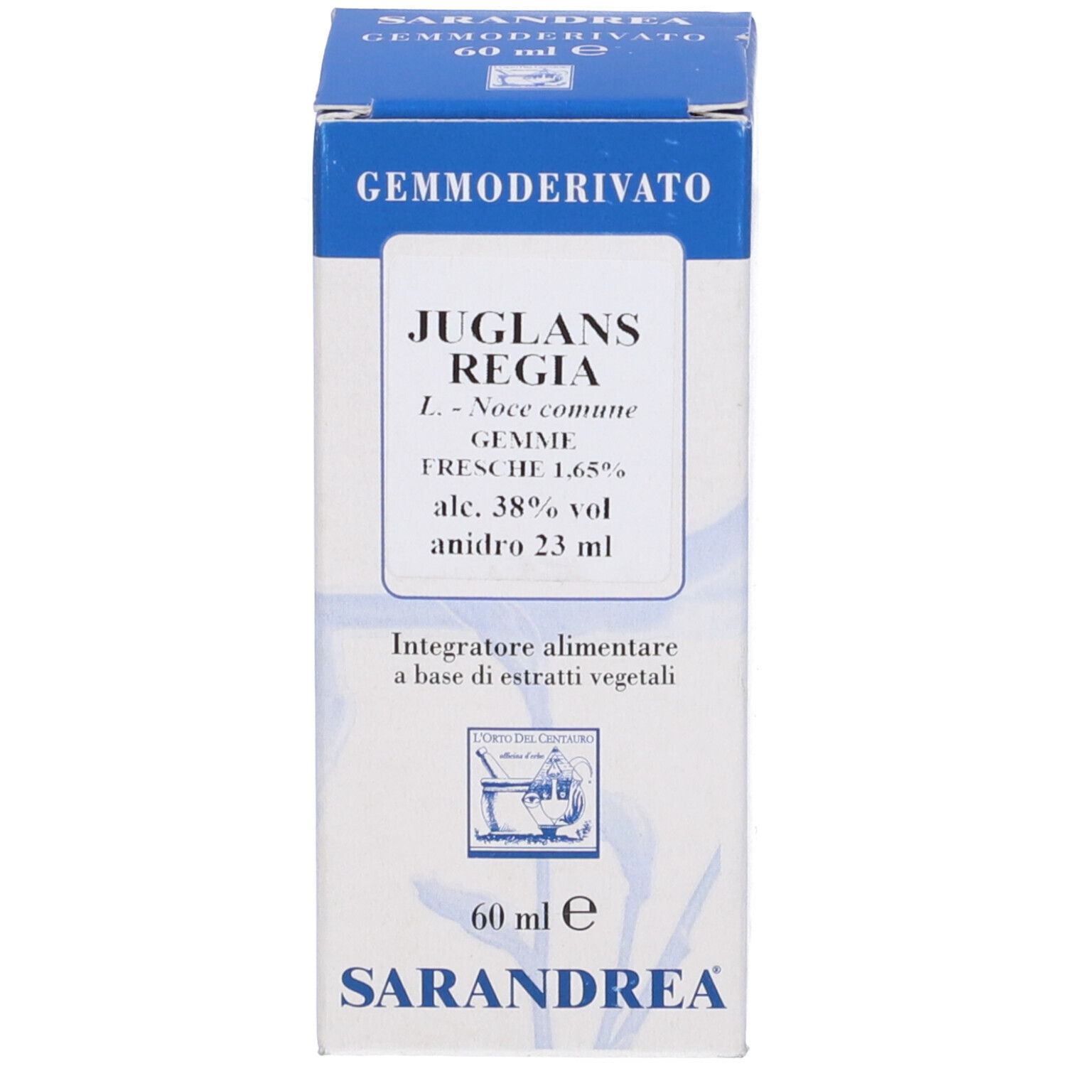 Scatola blu con informazioni sul prodotto: Juglans Regia, 60 ml, Sarandrea.