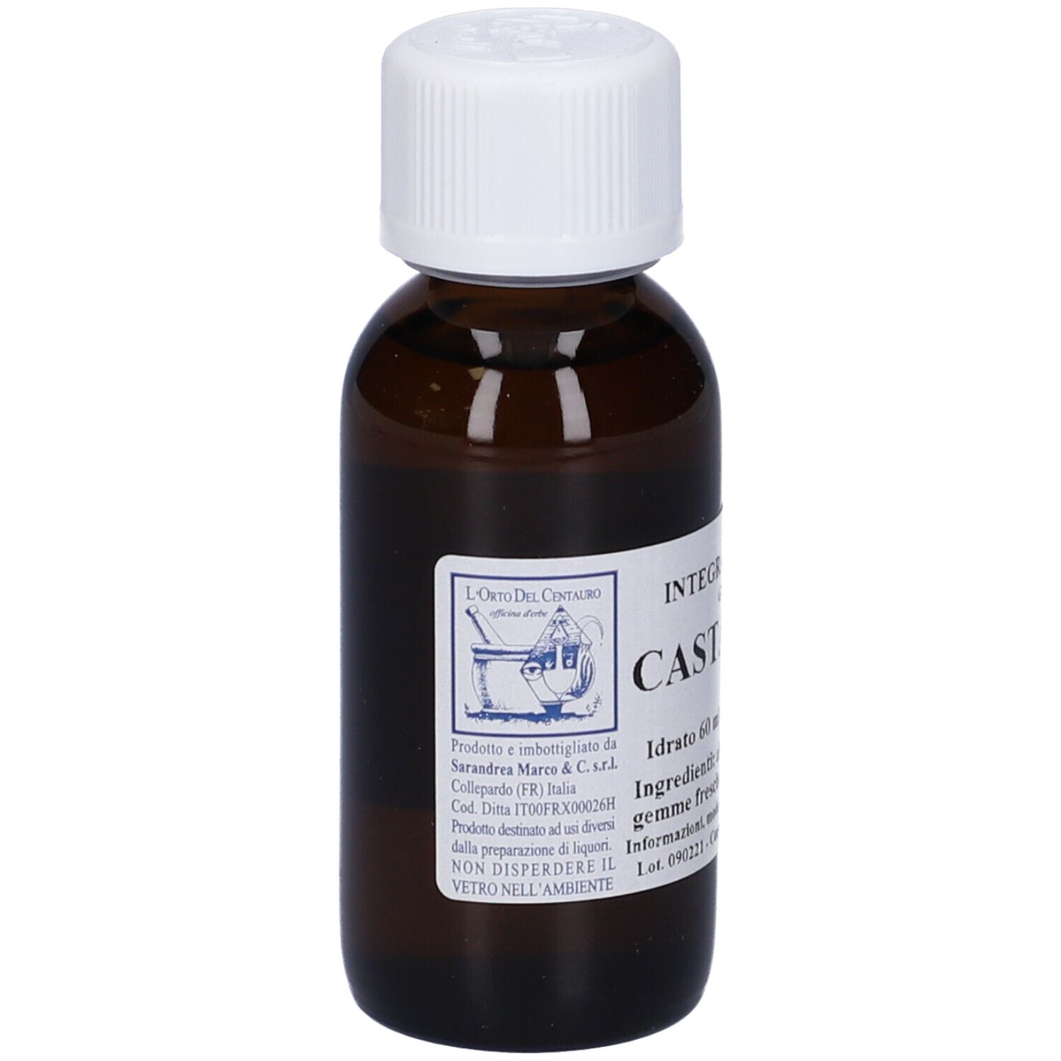 Flacone di vetro marrone con tappo bianco. L'etichetta indica: Castanea, L'Orto del Centauro.