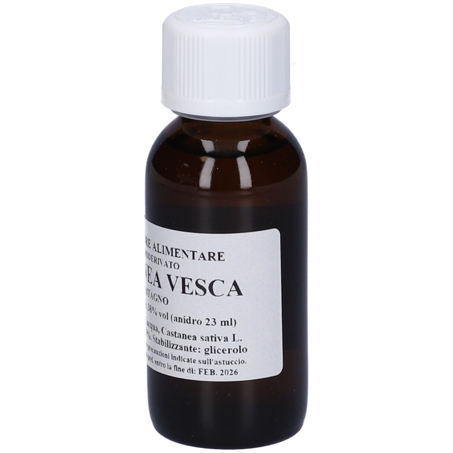 Flacone di vetro marrone con tappo bianco. L'etichetta indica: Castanea Vesca, Castagno.