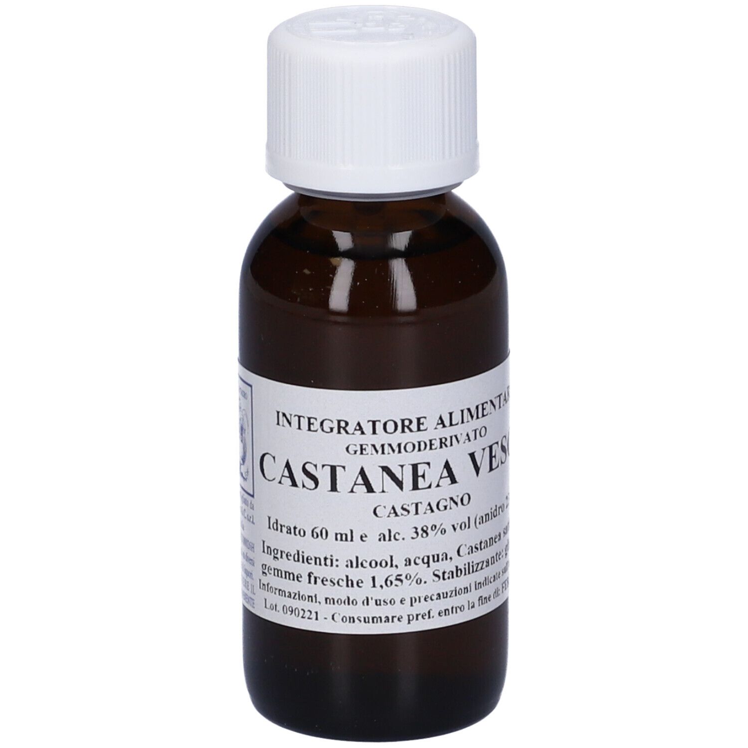 Flacone di vetro marrone con tappo bianco. L'etichetta indica: Castanea Vesca, Castagno.