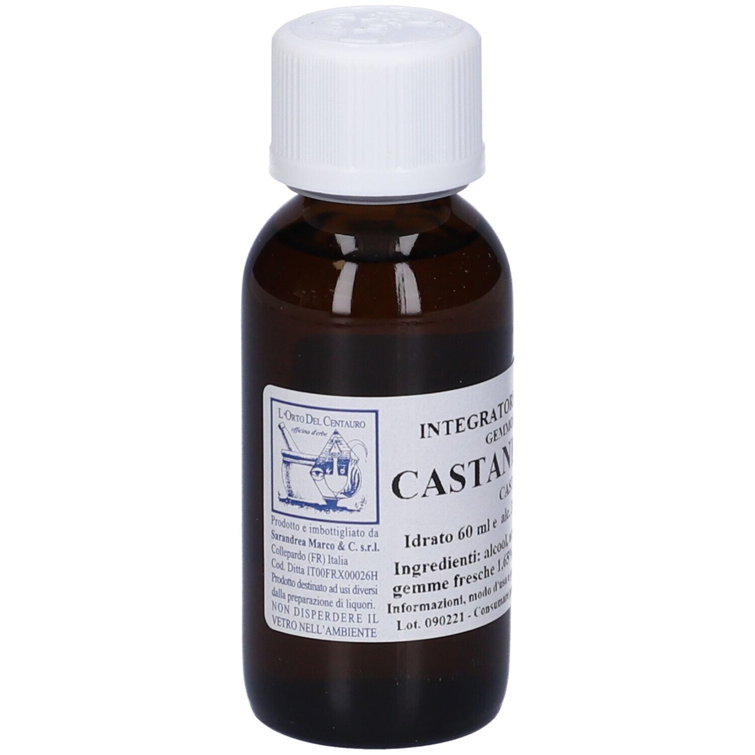 Flacone di vetro marrone con tappo bianco. L'etichetta indica: Castanea Vesca, Castagno.