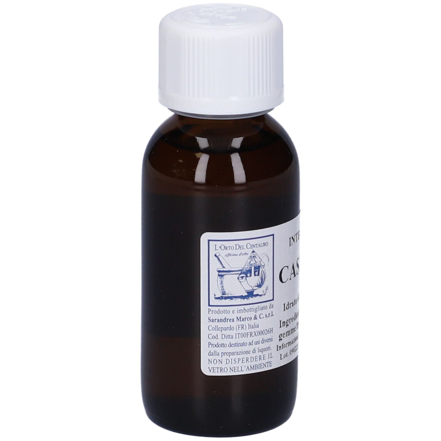 Flacone di vetro marrone con tappo bianco. L'etichetta indica: Castanea Vesca, Castagno.