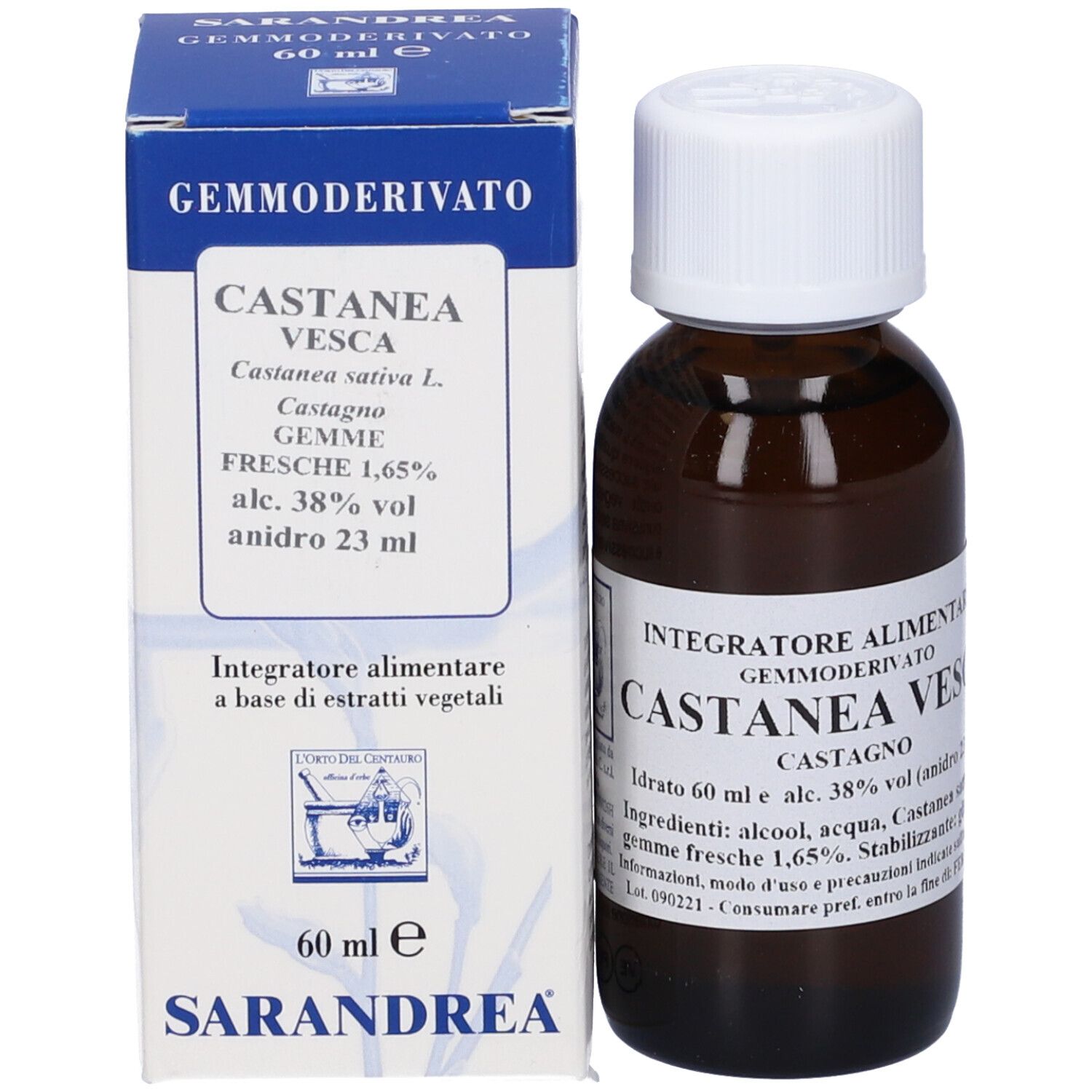 Flacone di vetro marrone con tappo bianco e scatola blu. Scritta: Castanea Vesca, Sarandrea.