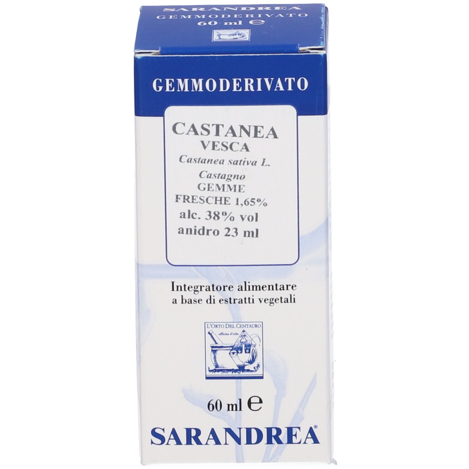 Scatola blu con scritta: Gemmoderivato, Castanea Vesca, Sarandrea.