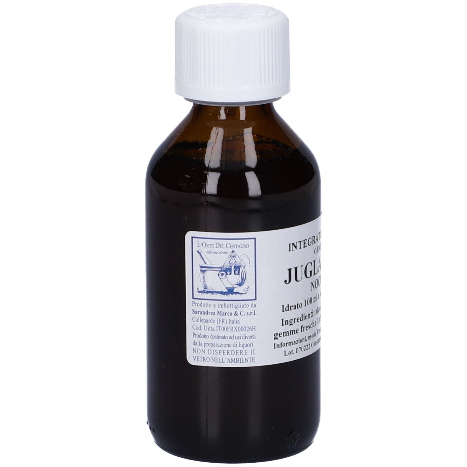 Flacone di vetro marrone con tappo bianco ed etichetta. Testo sull'etichetta. Bottiglia in posizione verticale.