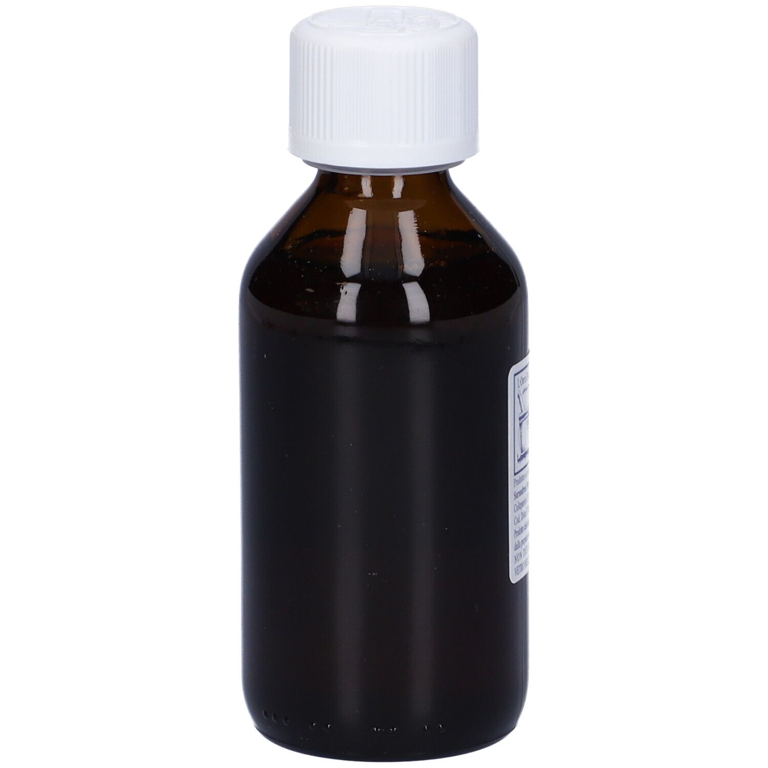 Flacone di vetro marrone con tappo bianco ed etichetta. Testo sull'etichetta. Bottiglia in posizione verticale.