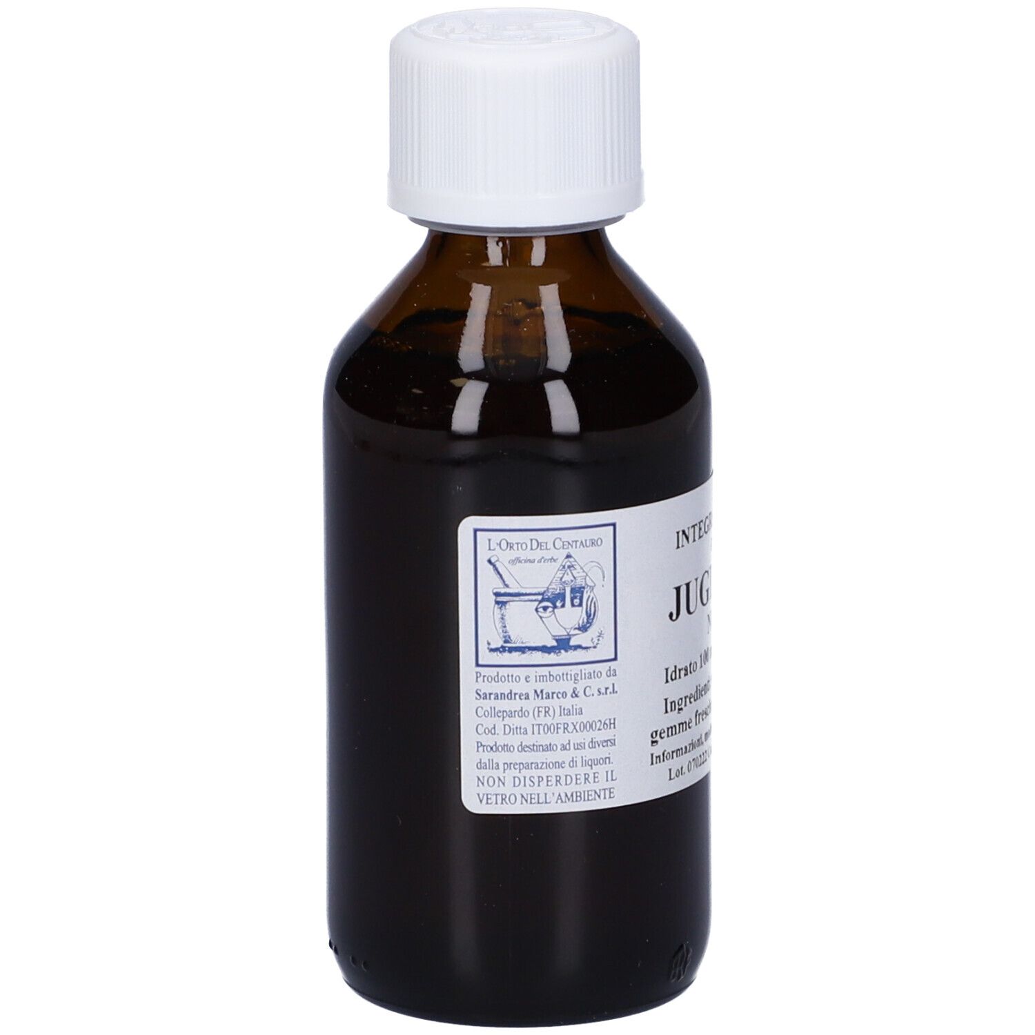 Flacone di vetro marrone con tappo bianco ed etichetta. Testo sull'etichetta. Bottiglia in posizione verticale.