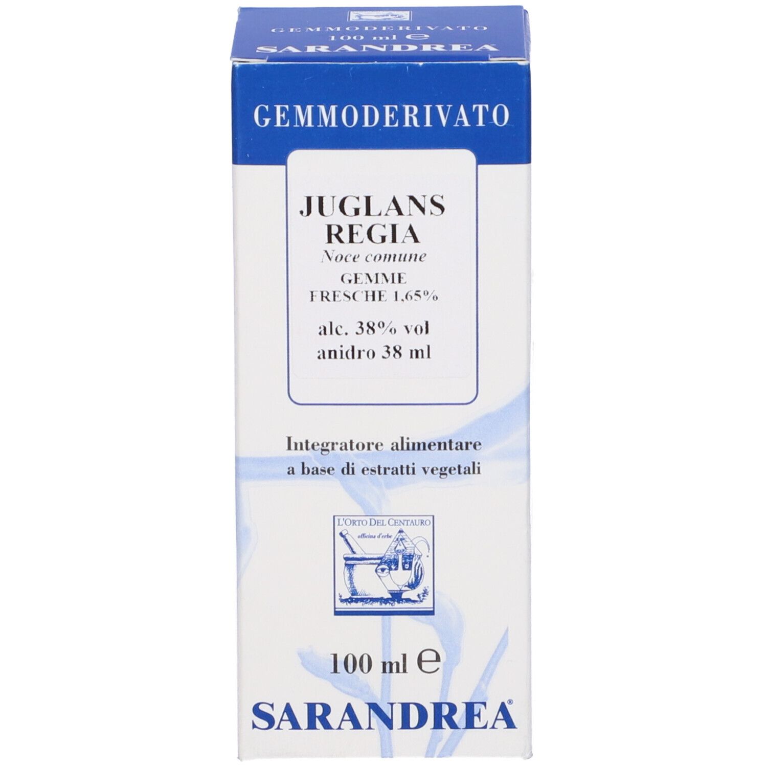Scatola blu con testo bianco. Sulla scatola è scritto 'SARANDREA' e 'GEMMODERIVATO'.