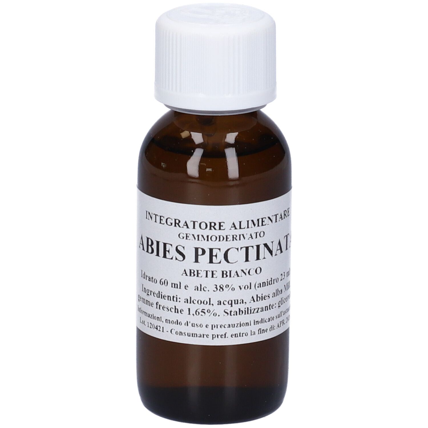 Flacone di vetro marrone con tappo bianco. Scritta: ABIES PECTINATA, ABETE BIANCO. Etichetta con informazioni.