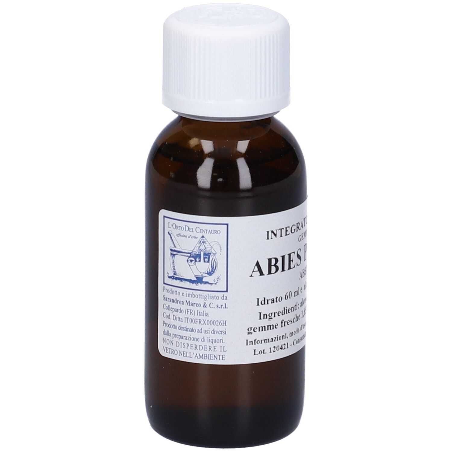 Flacone di vetro marrone con tappo bianco. Scritta: ABIES PECTINATA, ABETE BIANCO. Etichetta con informazioni.