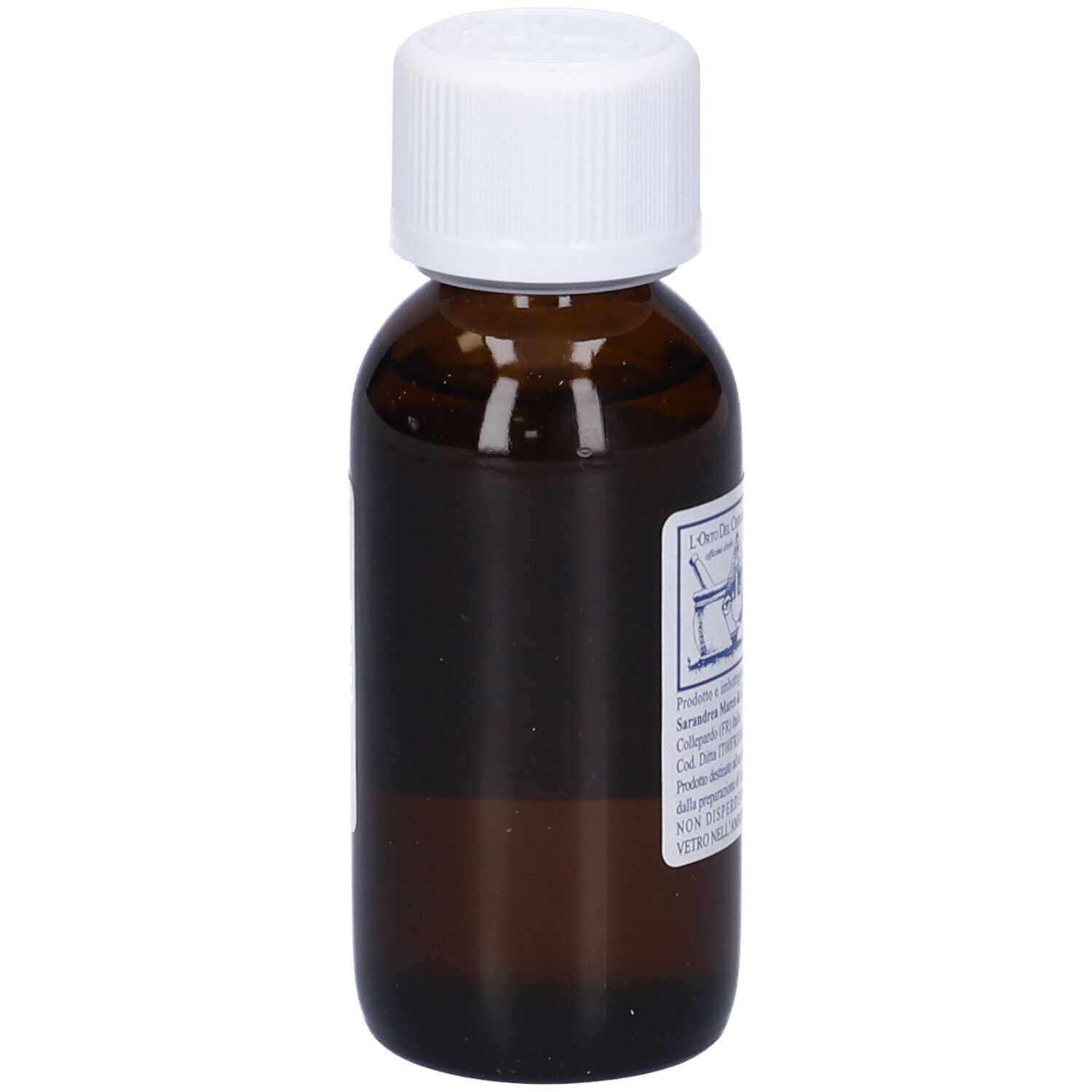 Flacone di vetro marrone con tappo bianco. Scritta: ABIES PECTINATA, ABETE BIANCO. Etichetta con informazioni.