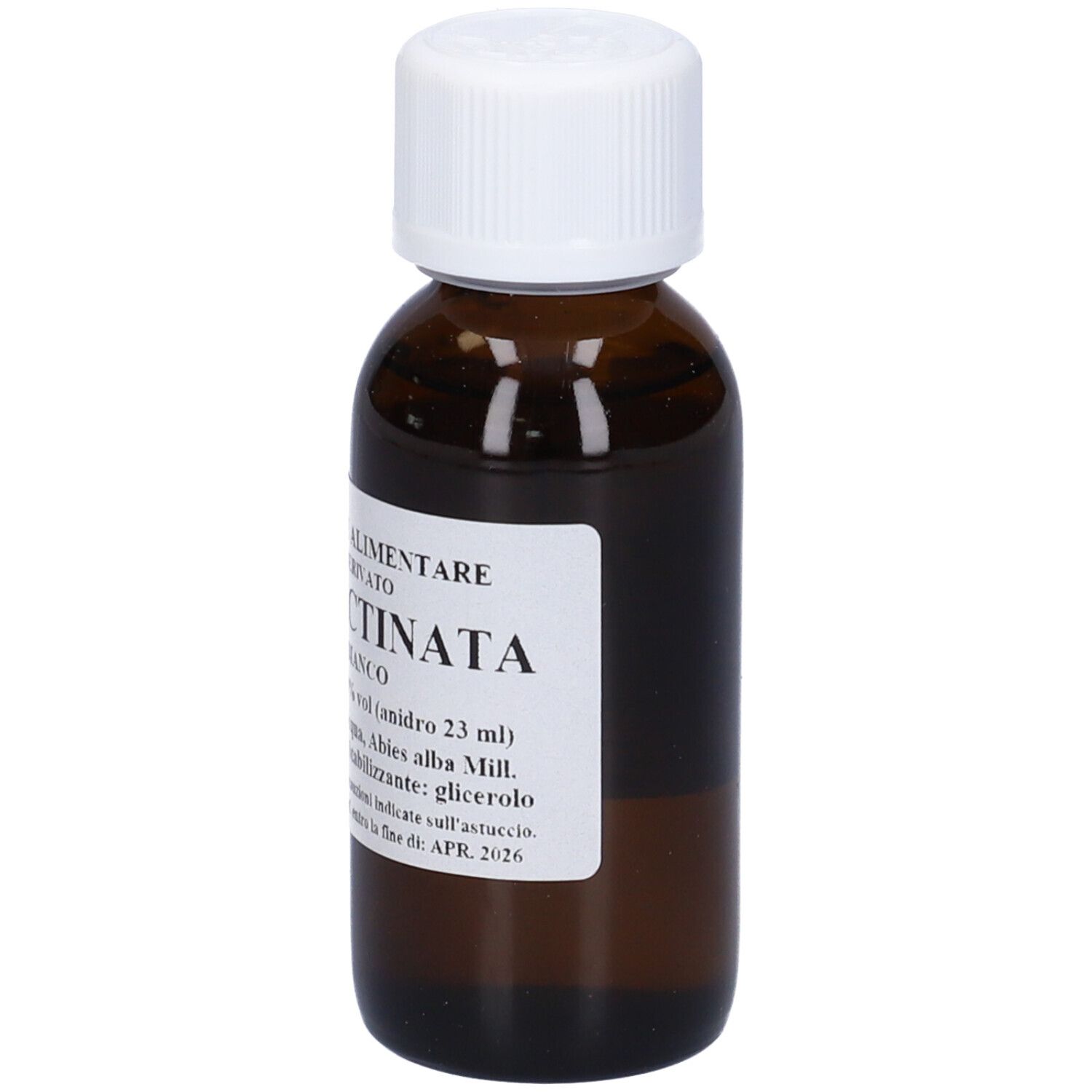 Flacone di vetro marrone con tappo bianco. Scritta: ABIES PECTINATA. Etichetta con informazioni e data di scadenza.