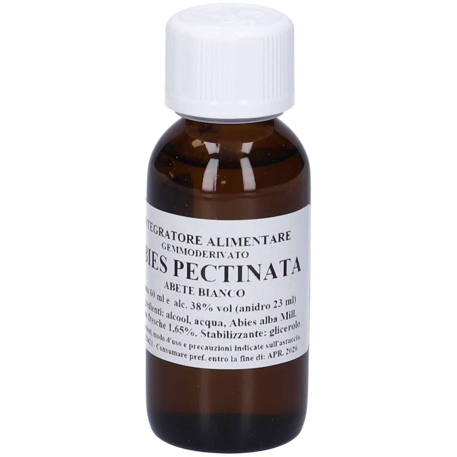 Flacone di vetro marrone con tappo bianco. Scritta: ABIES PECTINATA, ABETE BIANCO. Etichetta con informazioni.