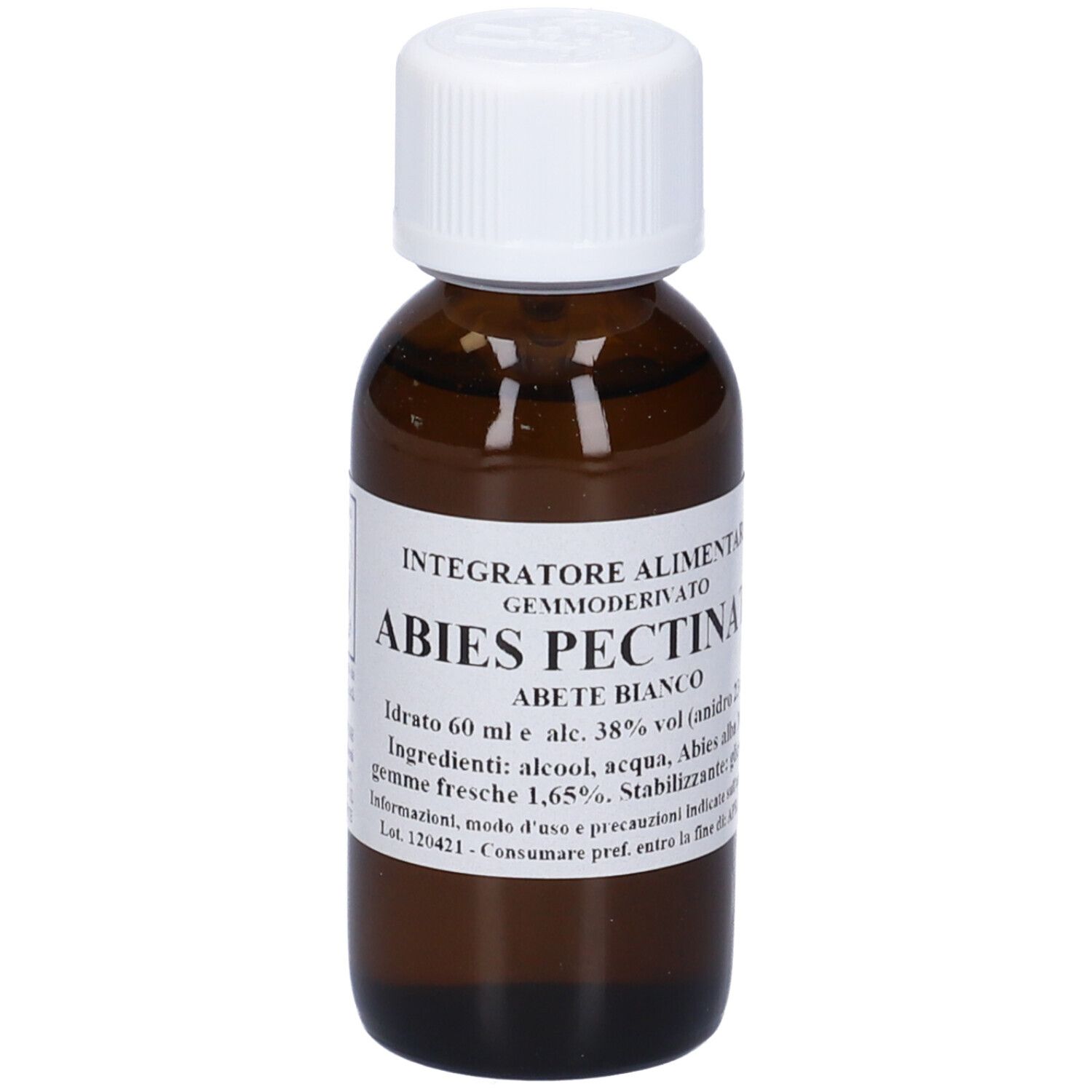 Flacone di vetro marrone con tappo bianco. Scritta: ABIES PECTINATA, ABETE BIANCO. Etichetta con informazioni.