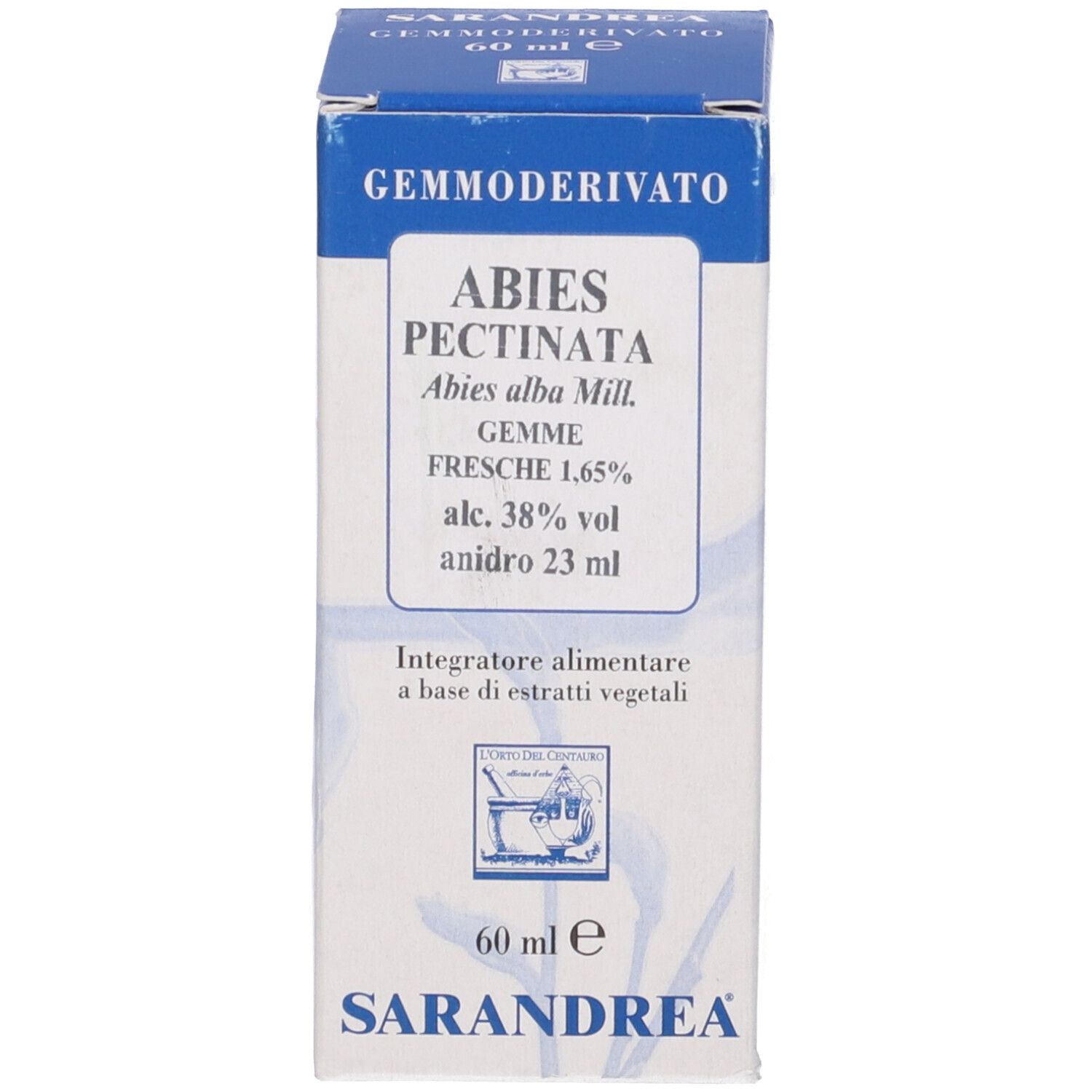 Scatola con scritta: GEMMODERIVATO, ABIES PECTINATA, SARANDREA. Informazioni sulla confezione.