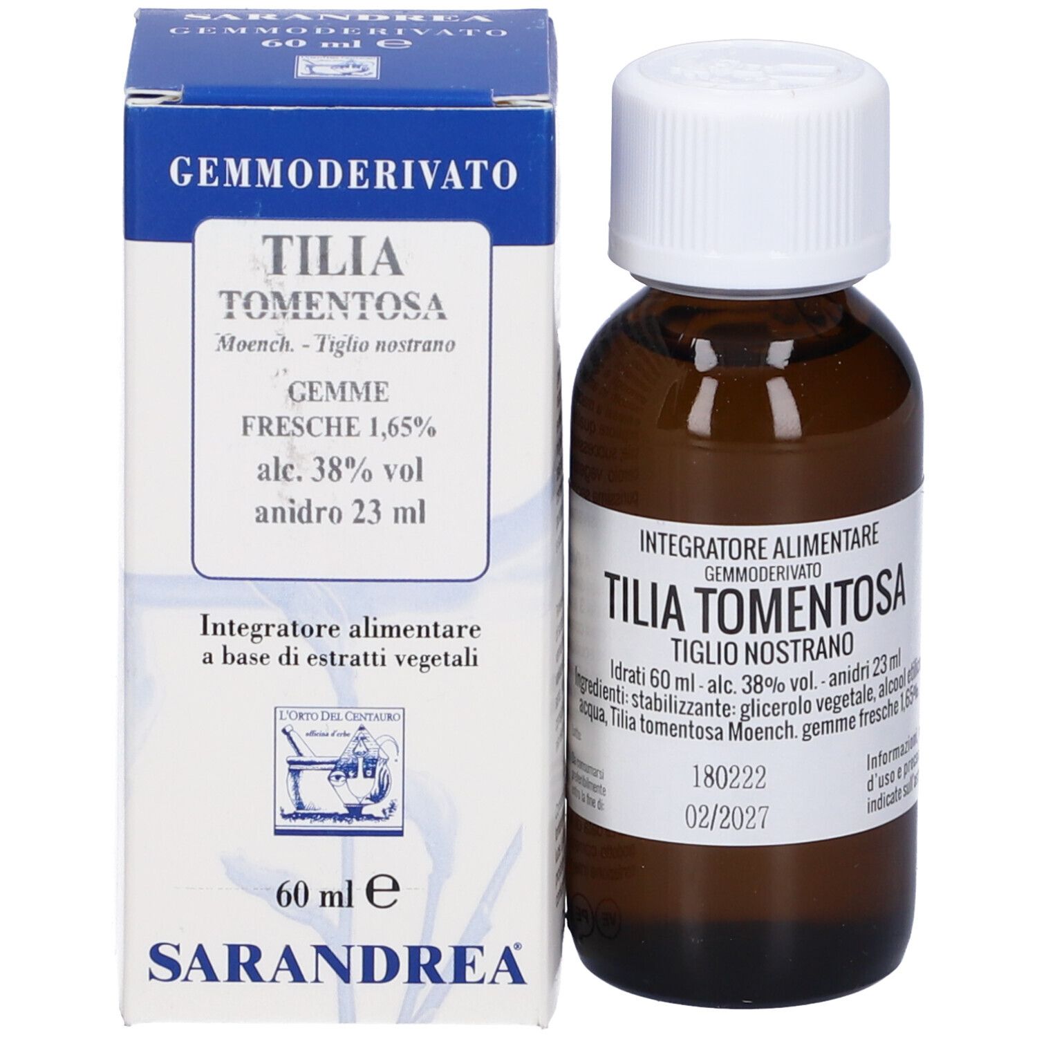 Flacone di vetro marrone e scatola. Etichetta sul flacone con testo. Scatola con coperchio blu e testo bianco. Nome del prodotto non visibile.