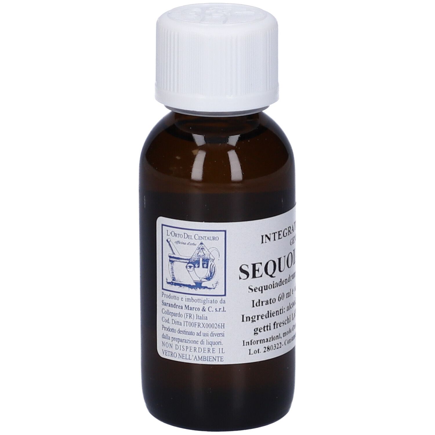 Flacone di vetro marrone con tappo bianco ed etichetta. Testo: SEQUOIA, Idro. 60 ml.