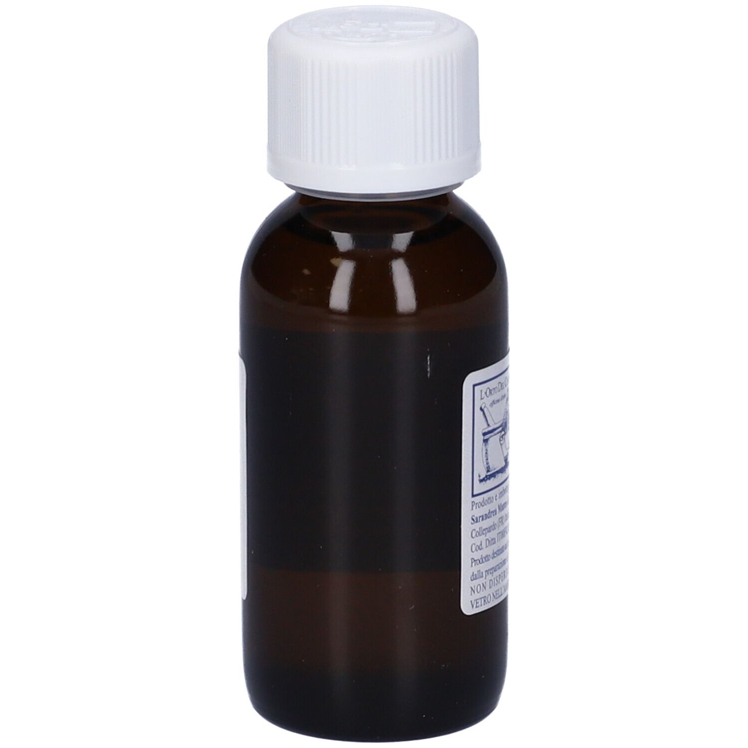 Flacone di vetro marrone con tappo bianco ed etichetta. Etichetta con testo e logo.