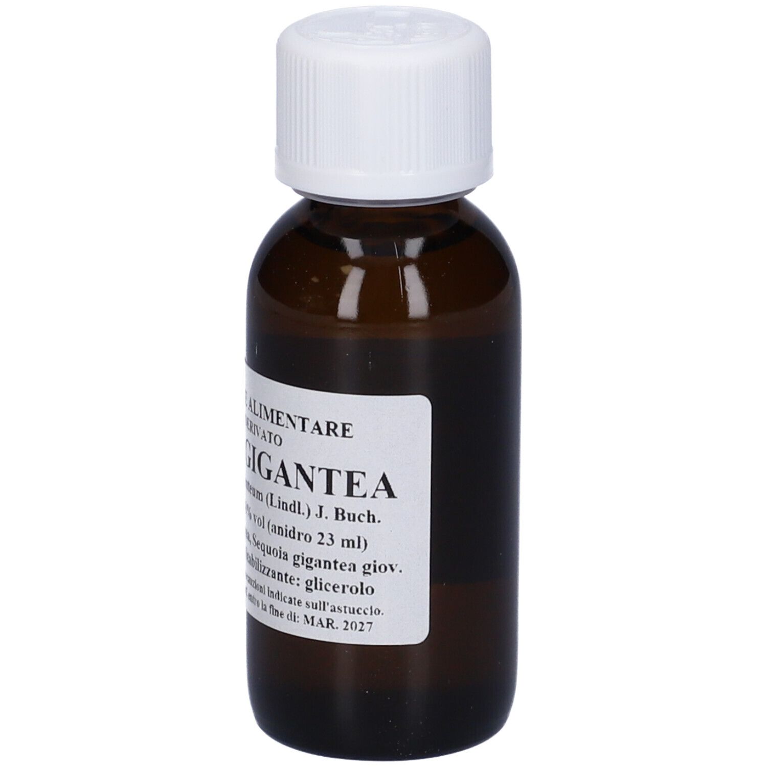 Flacone di vetro marrone con tappo bianco ed etichetta. Testo: GIGANTEA, anidro 23 ml.