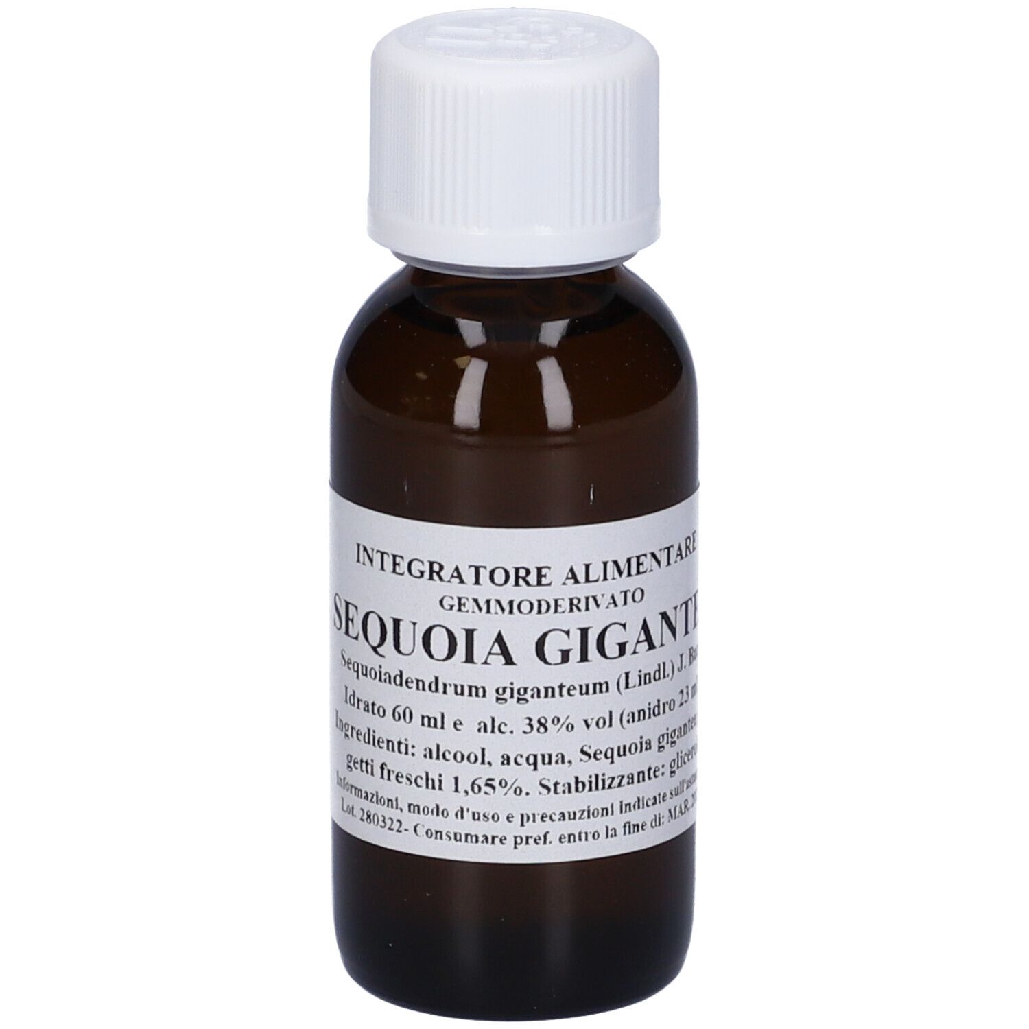 Flacone di vetro marrone con tappo bianco ed etichetta. Testo: SEQUOIA GIGANTEA, 60 ml.