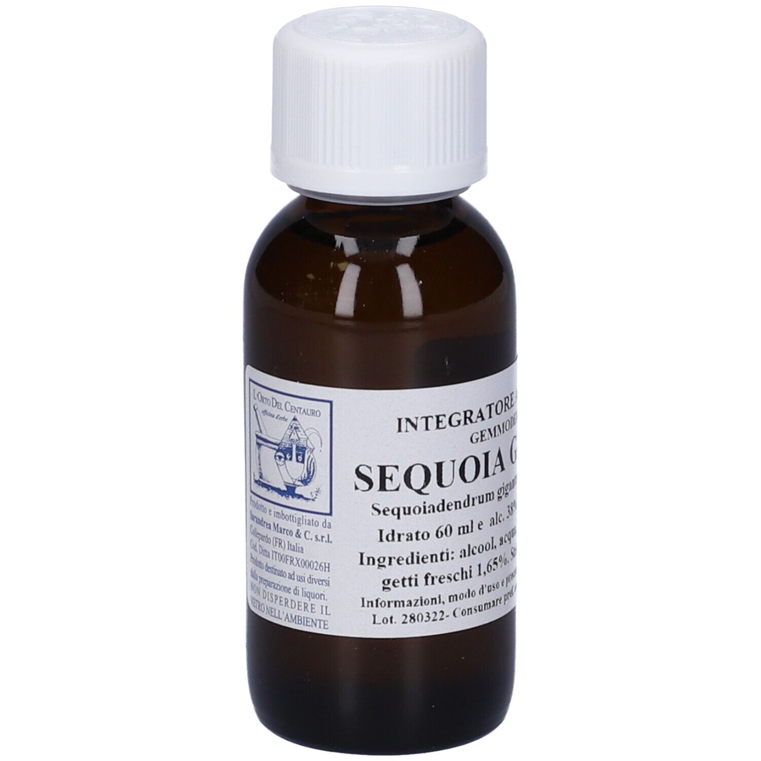 Flacone di vetro marrone con tappo bianco ed etichetta. Testo: SEQUOIA GIGANTEA, 60 ml.