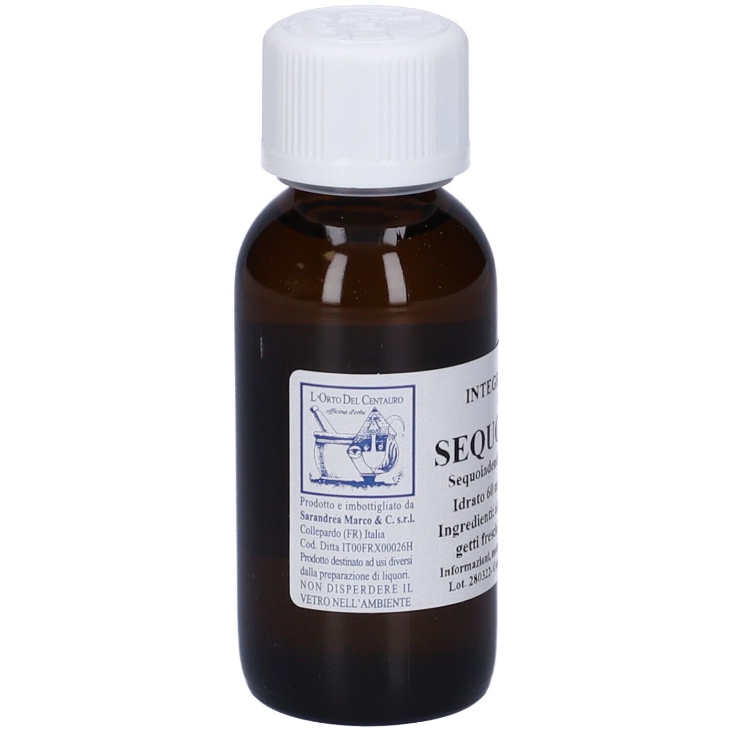 Flacone di vetro marrone con tappo bianco ed etichetta. Testo e logo.