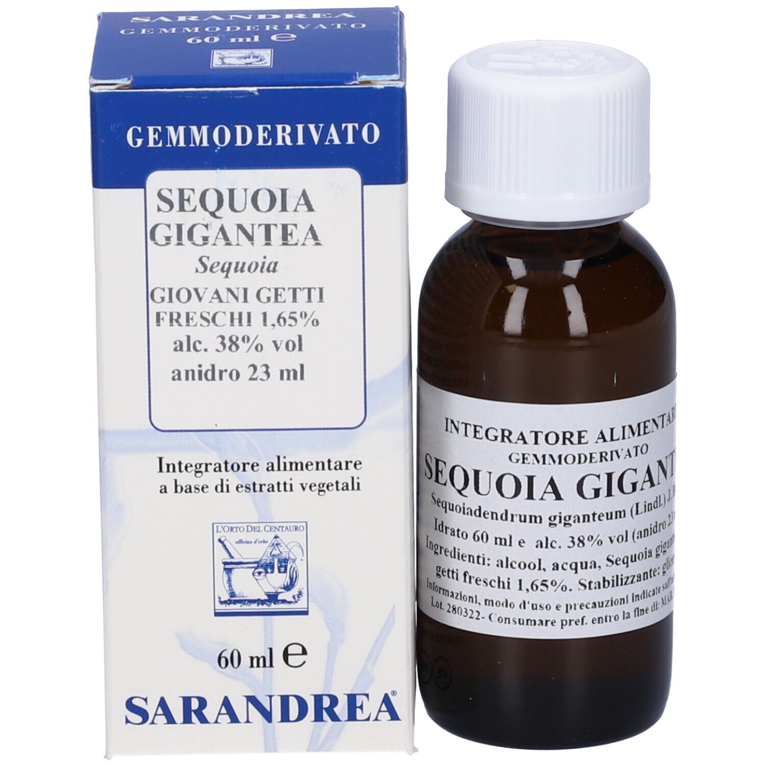 Flacone di vetro marrone con tappo bianco ed etichetta, accanto a scatola blu. Testo: SEQUOIA GIGANTEA, 60 ml.