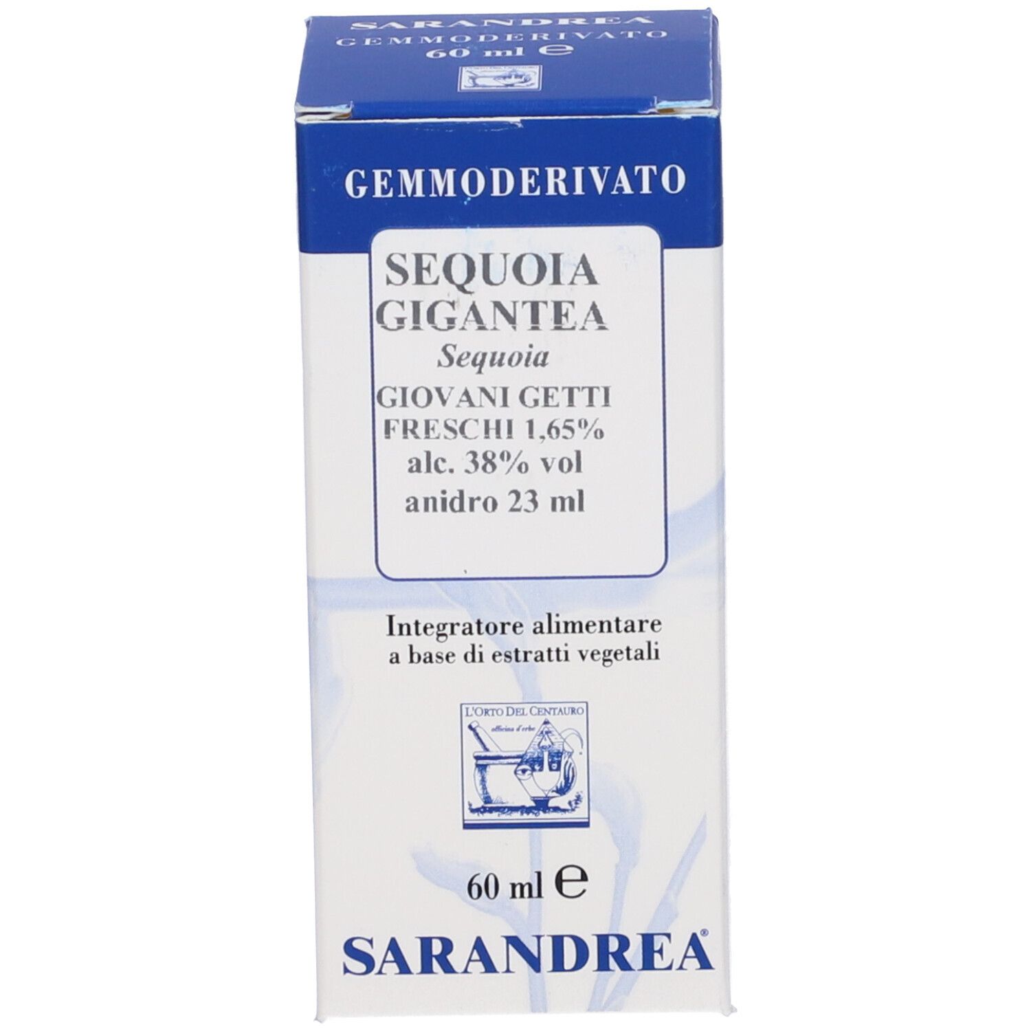 Scatola blu con etichetta bianca. Testo: SEQUOIA GIGANTEA, 60 ml.