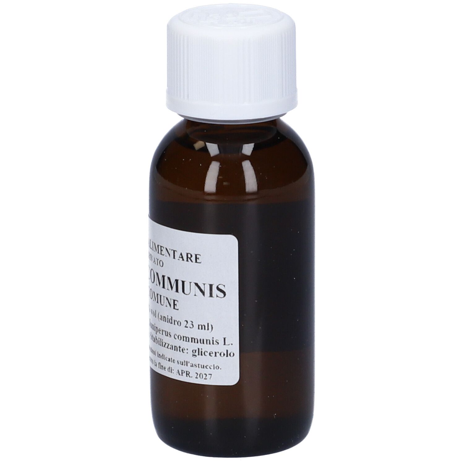 Flacone di vetro marrone con tappo bianco. Etichetta con testo: Juniperus Communis, Ginepro Comune. 60 ml.