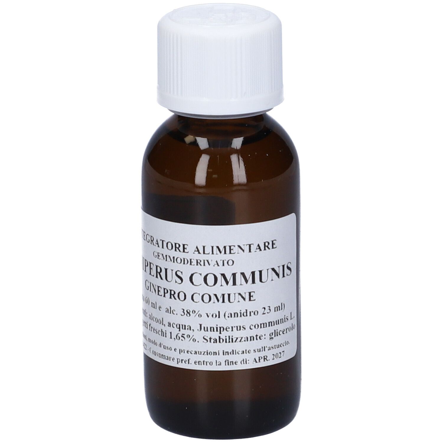 Flacone di vetro marrone con tappo bianco. Etichetta con testo: Juniperus Communis, Ginepro Comune. 60 ml.