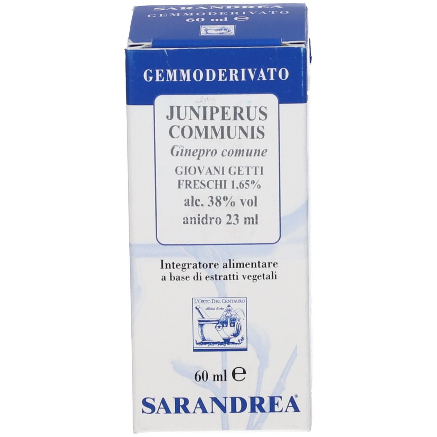 Scatola blu con testo bianco. Sulla scatola: Juniperus Communis, 60 ml.