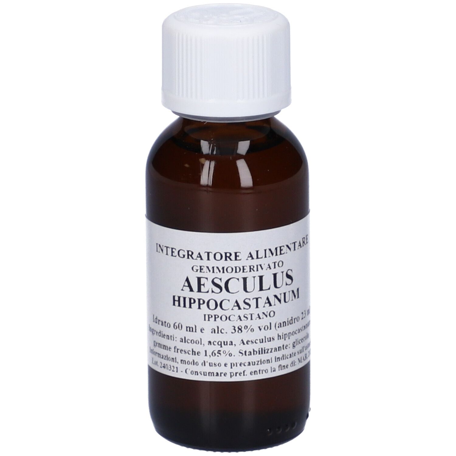Flacone di vetro marrone con tappo bianco. Scritta: Aesculus Hippocastanum, Idro.