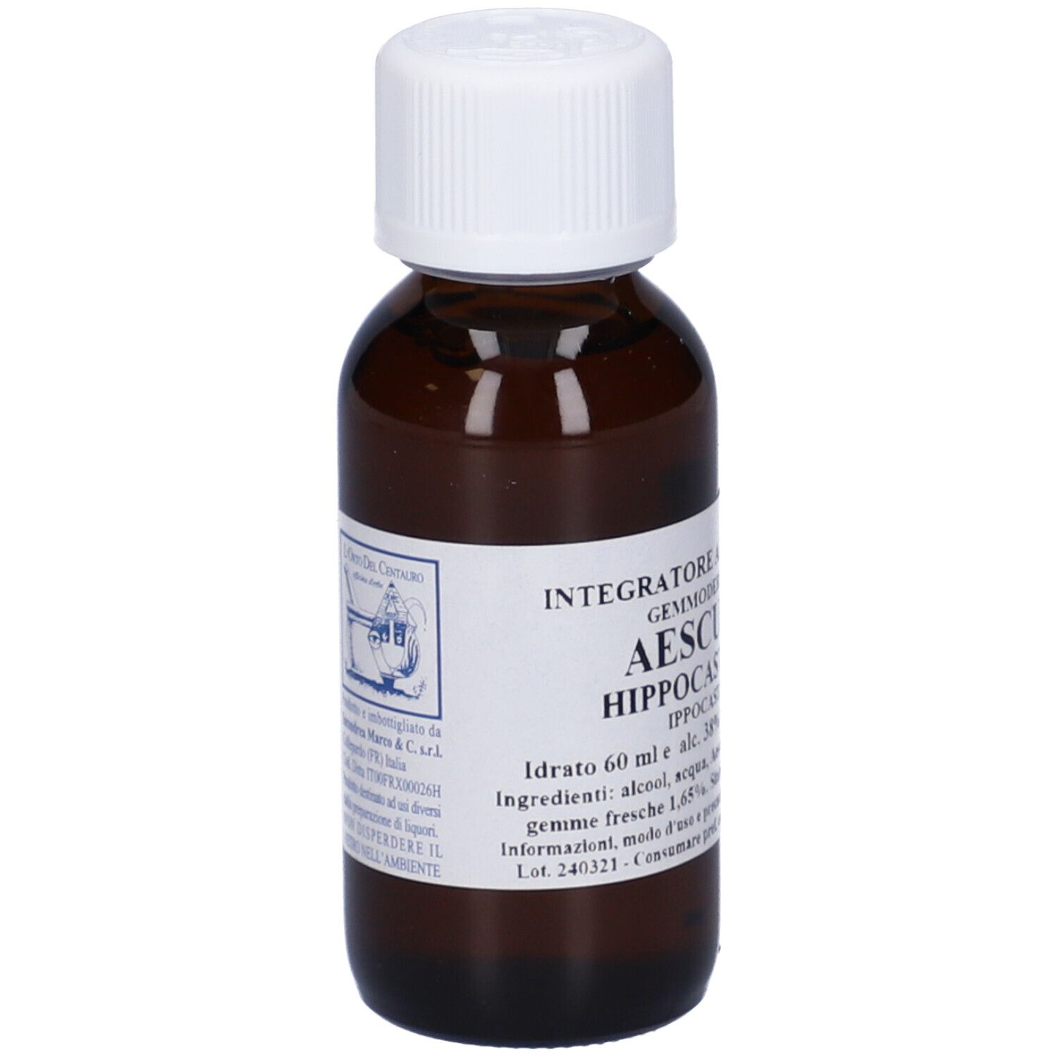 Flacone di vetro marrone con tappo bianco. Scritta: Aesculus Hippocastanum, Idro.