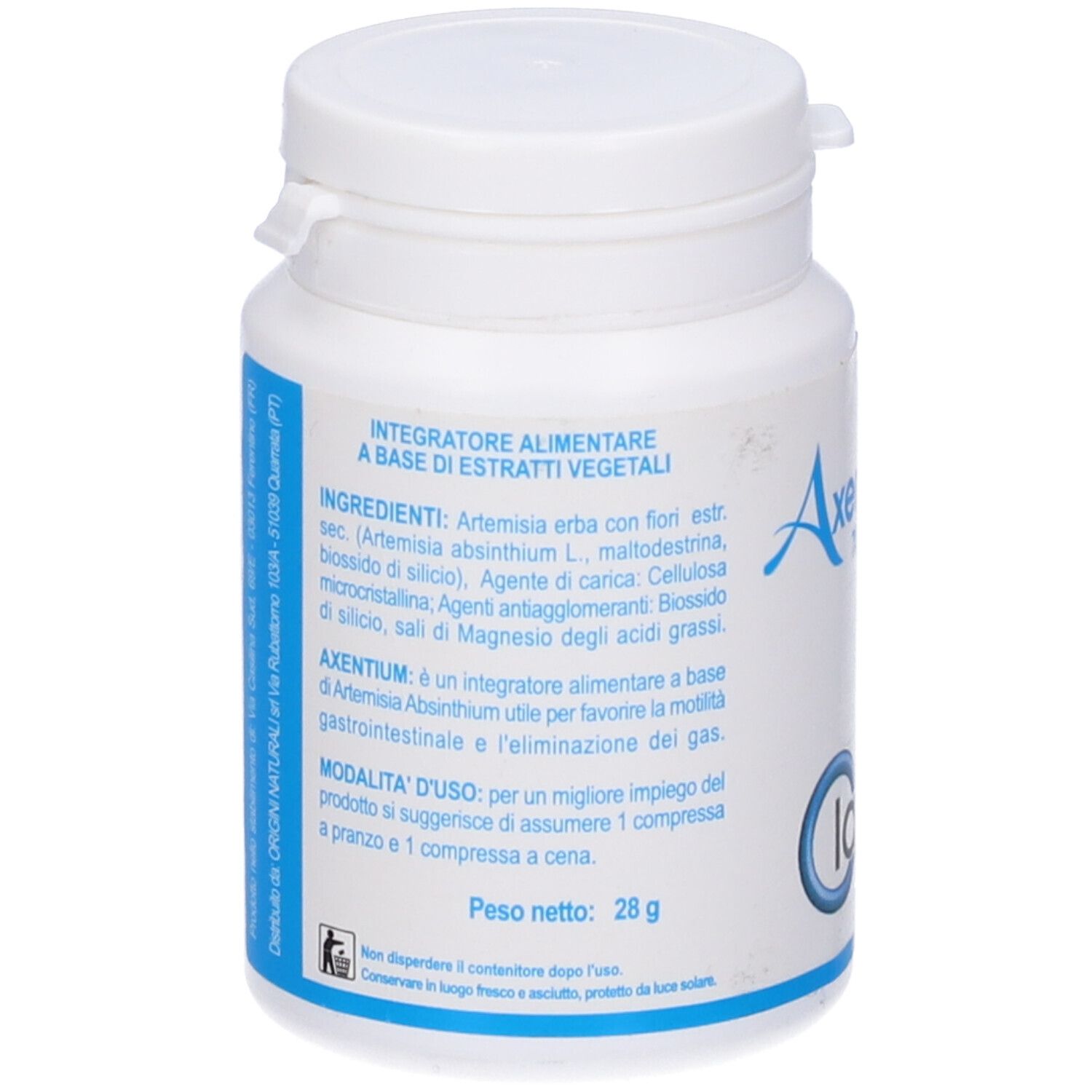 Retro del flacone bianco. Testo sugli ingredienti e l'uso. Peso netto: 28 g.