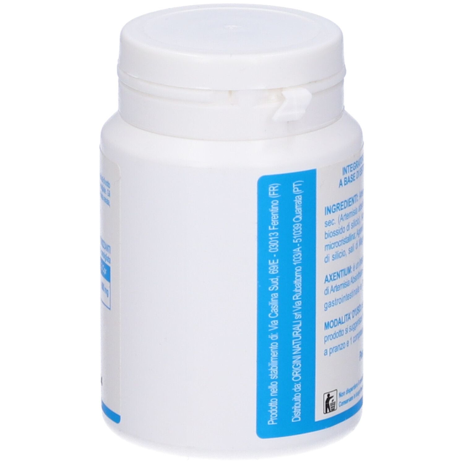 Flacone bianco, vista laterale. Testo e informazioni del produttore sull'etichetta blu.