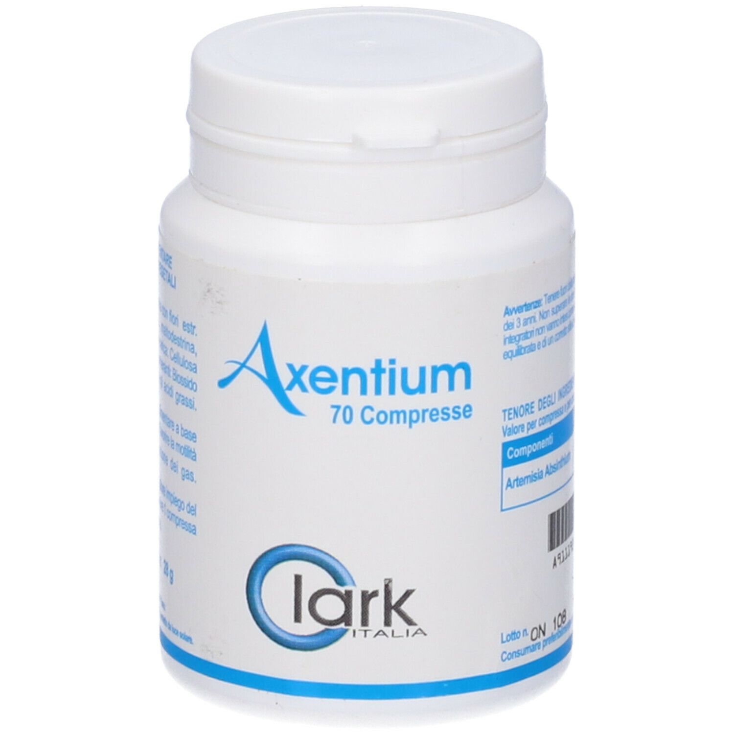 Flacone bianco con etichetta blu. Scritta: Axentium, 70 Compresse. Marchio Clark Italia.